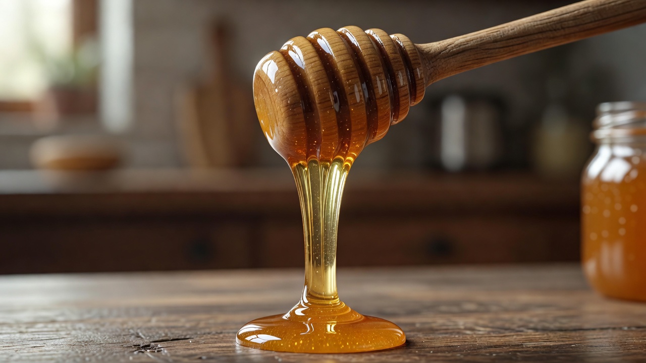 Amber honey flowing slowly off wooden dipper