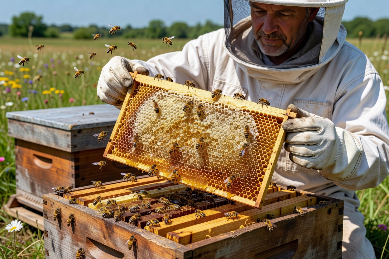 Apiary inspect visual showing healthy honeycombs and bees in sunlight