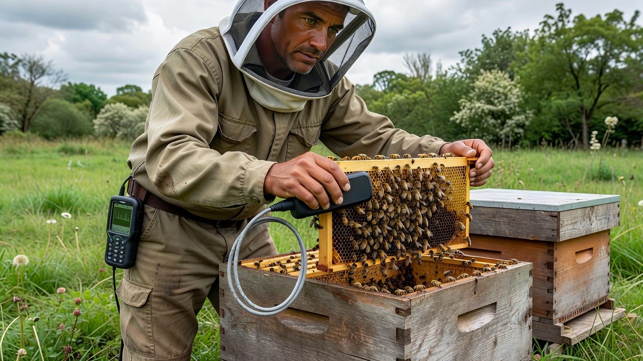 Apiary technician checking beehive frame with acoustic sensors