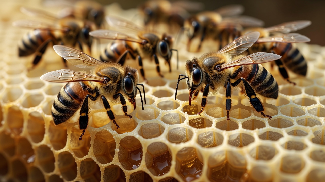 Detailed close-up image of worker honey bees inspect