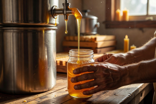 Pure raw organic honey dripping into glass jar