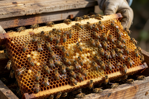 Close up view of healthy queen bee and worker bees on honeycomb
