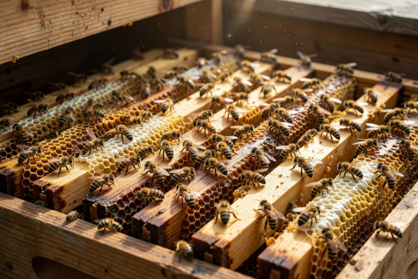 Honey bee colony working on wooden hive frames